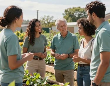 A group of diverse professionals in a North American community garden discussing sustainable development projects, bright natural lighting, sage teal clothing accents.