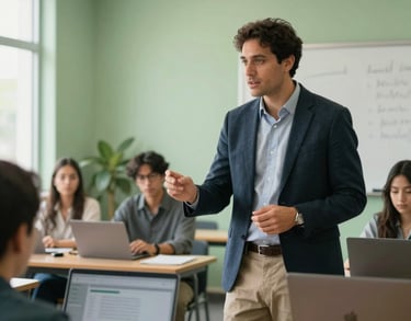 A professional mentor in North American business casual attire teaching a digital literacy class in a bright, sunlit community center with soft moss green walls.