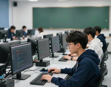 A high-tech vocational training lab in North America with clean lines, computer stations, and students focused on coding, deep navy blue and forest green decor.