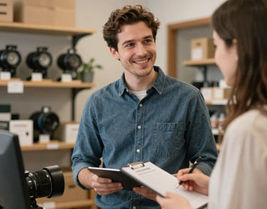 A local entrepreneur in a North American small business shop receiving mentorship from a foundation representative, warm and approachable lighting.