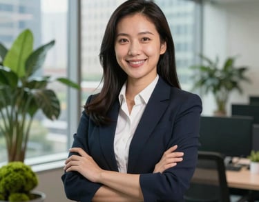 A professional portrait of a sustainability officer in a North American urban office setting with large windows and plants, soft moss green accents.