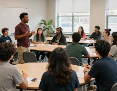 A vibrant community center workshop in North America where a local leader is speaking to a group of engaged citizens, bright and hopeful atmosphere.
