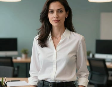 A professional portrait of a female economic director in a North American workspace with soft pearl white lighting and sage teal interior design.