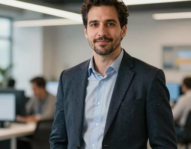 A professional portrait of a male technology liaison in a North American innovation hub, representing expertise and digital inclusion.