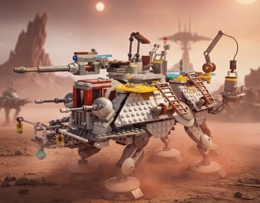 LEGO Star Wars : Sandcrawler Jawa dans le désert avec figurines de R2-D2, C-3PO et Jawas sur le sable.