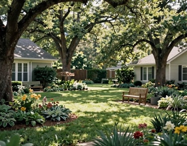 A peaceful residential garden in North Houston, Texas, featuring lush spring greenery, soft sunlight filtering through oak trees, and a wooden bench, wide shot, photography.