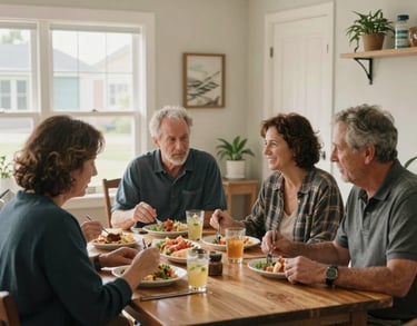 A group of four adults sharing a quiet meal in a sunny, clean dining area, community atmosphere, North American suburban interior, photography.