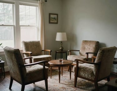 A small, intimate living room setting with four chairs arranged for conversation, soft natural light, North American home, photography.