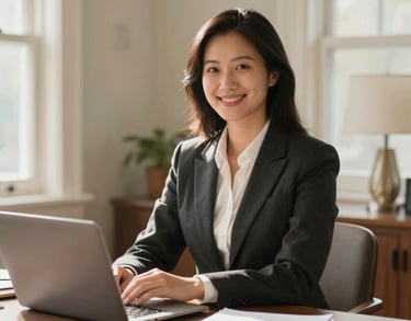 A professional and warm residential house manager sitting in a sunlit, North American style home office, soft natural lighting, photography.