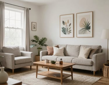 A cozy, shared community space with soft textiles and nature-inspired art, bright and airy North American home interior, photography.