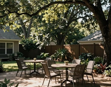 A peaceful outdoor seating area in a North Houston backyard, surrounded by tall trees and dappled morning sunlight, photography.