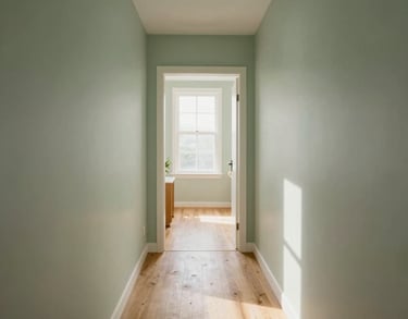 A bright hallway with light wood floors and soft sage green walls, leading toward a sun-drenched common area, photography.