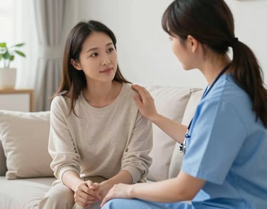 A professional caregiver offering a supportive gesture in a bright, modern North American living room, soft spring colors, photography.