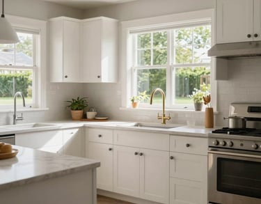 A bright and airy kitchen with clean lines and a view of a green backyard, North American residential style, soft natural light, photography.