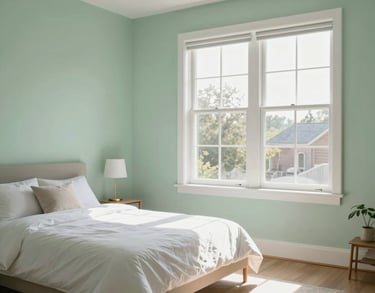 A clean, minimalist bedroom in a North American home, featuring light green accents and abundant natural sunlight through a large window, photography.