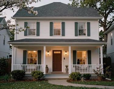 The front porch of a charming North Houston home at dawn, surrounded by soft green foliage and spring blossoms, photography.