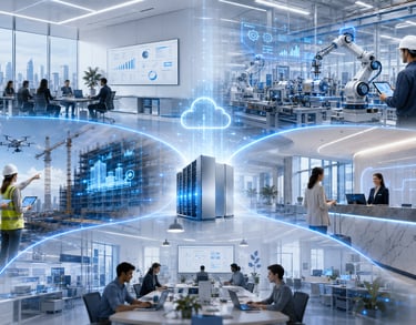 Smart cloud infrastructure connecting industrial robotics, construction sites, and corporate offices via digital data.