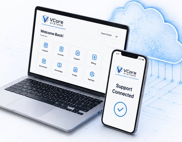 VCore Systems dashboard on a laptop and smartphone next to a digital cloud icon showing AI infrastructure solutions.