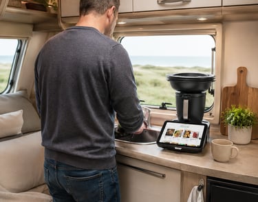 Man washing up in a caravan, the Thermomix is on and ready for cooking beside him.