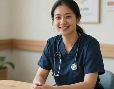 Portrait of a warm, professional caregiver in a tidy North American residential facility, smiling and leaning against a wooden table, soft natural light.