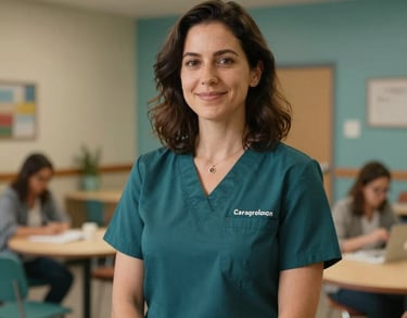 Portrait of a wellness activities coordinator in a colorful North American resident activity room, warm lighting, muted teal accents.