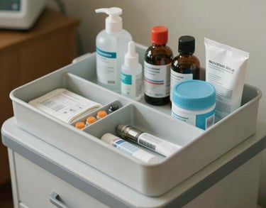 Close-up of a neatly arranged medical management station in a North American home setting, emphasizing organization and clinical professionalism.