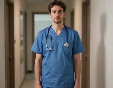 Portrait of an awake overnight caregiver in a modern North American home hallway, evening lighting, portraying safety and vigilance.