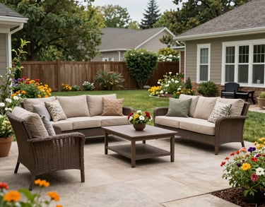 A safe, level backyard patio in a North American setting with comfortable seating and a variety of colorful flowers, bright daytime lighting.