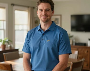 Portrait of a clinical staff member in a professional polo shirt, standing in a sunny, North American home dining room, looking trustworthy and kind.