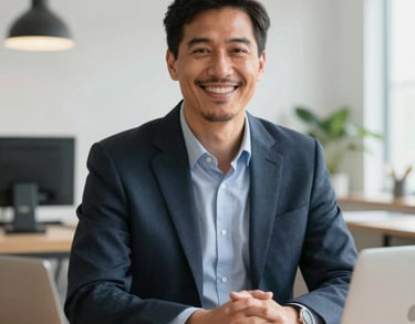 Portrait of a friendly North American professional in a bright home office setting, representing family coordination and empathy.