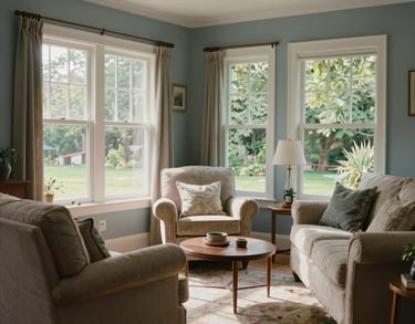 A cozy, sun-drenched North American living room with comfortable armchairs, soft blue-grey walls, and wide windows overlooking a garden, tranquil atmosphere.