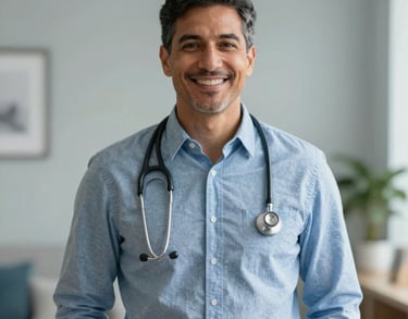 Professional portrait of a North American healthcare leader in business casual attire with a stethoscope, standing in a bright, inviting home-like medical setting, soft mist grey background.