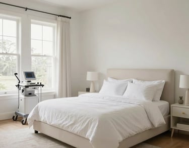 A spacious, bright private bedroom in a North American home, featuring modern medical accessibility and sophisticated off-white décor, very peaceful.