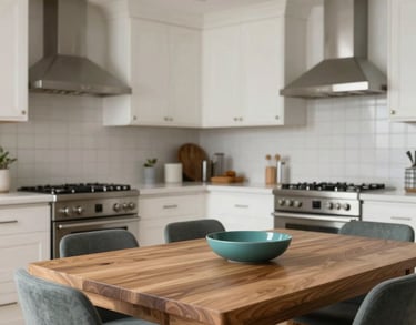 A clean, modern North American kitchen and dining area with a large wooden table, plenty of light, and muted teal decorative elements.