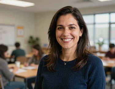 Headshot of the Outreach Lead, a professional female in a dark blue sweater, smiling warmly in a bright North American community center.
