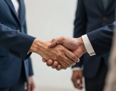 A close-up of hands shaking at a community agreement meeting, professional North American attire, soft light blue and off-white surroundings.