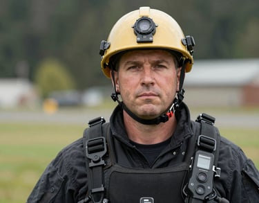 Headshot of a Field Operations Lead, a North American professional in protective rescue gear, outdoors near Issaquah, Washington, daytime.