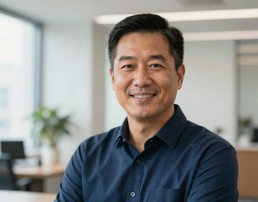 Headshot of the Executive Director, wearing a professional dark blue shirt, in a bright North American office with a clean and trustworthy atmosphere.