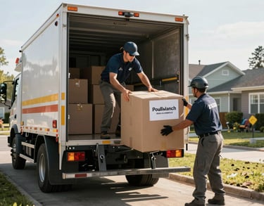 An action shot of humanitarian aid delivery boxes being unloaded from a rescue truck in a North American residential area, professional morning light.