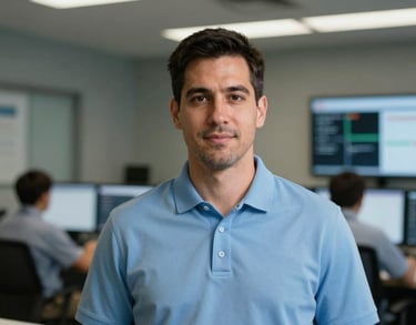 Headshot of an Emergency Coordinator, professional North American male in a light blue polo shirt, standing in front of an operations center.