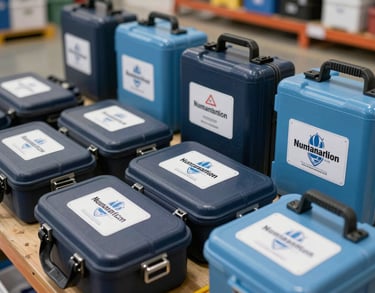 A close-up of professional rescue equipment and supply kits labeled for humanitarian aid, neatly organized in a bright North American warehouse, with dark blue and light blue accents.