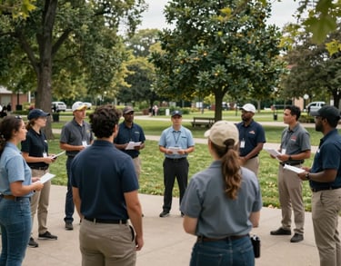 A group of dedicated volunteers in professional gear meeting outdoors in a North American park for an emergency drill, soft daylight, professional photography.