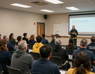 A wide shot of a community preparedness seminar held in a North American civic building, people focusing on a speaker in professional rescue attire.
