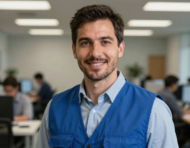 Headshot of a professional Logistics Specialist in a North American office setting, wearing a medium blue vest, looking into the camera with a confident and compassionate expression.