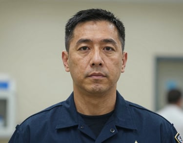 Headshot of the Medical Support Chief in a professional dark blue uniform, North American clinical setting, showing compassion and readiness.