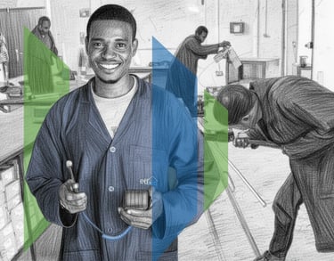 Smiling student in workshop training for vocational skills and technical education careers.