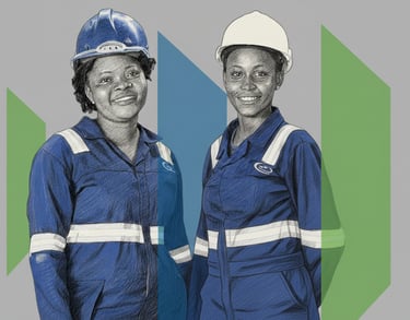 Two smiling female engineers wearing blue coveralls and hard hats on a geometric background.