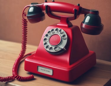 Vintage red rotary dial telephone with a coiled cord sitting on a wooden desk.