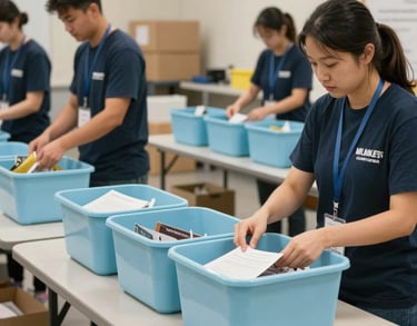 A scene of volunteers organizing educational supplies in a well-lit North American distribution hub. The composition is professional and orderly, featuring light blue bins and off-white tables.