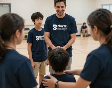 A candid photograph of a family receiving support at a North American community center, the scene conveying compassion and stability, with dark navy and off-white colors throughout.
